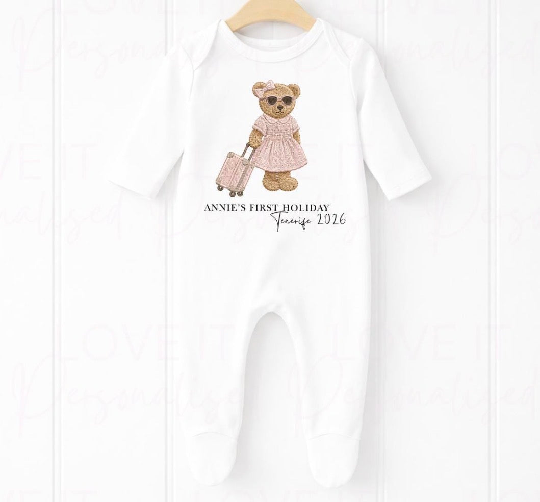 Personalised First Holiday Bear Bib/Bodysuit/Sleepsuit