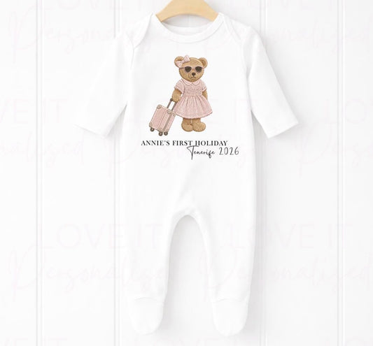 Personalised First Holiday Bear Bib/Bodysuit/Sleepsuit