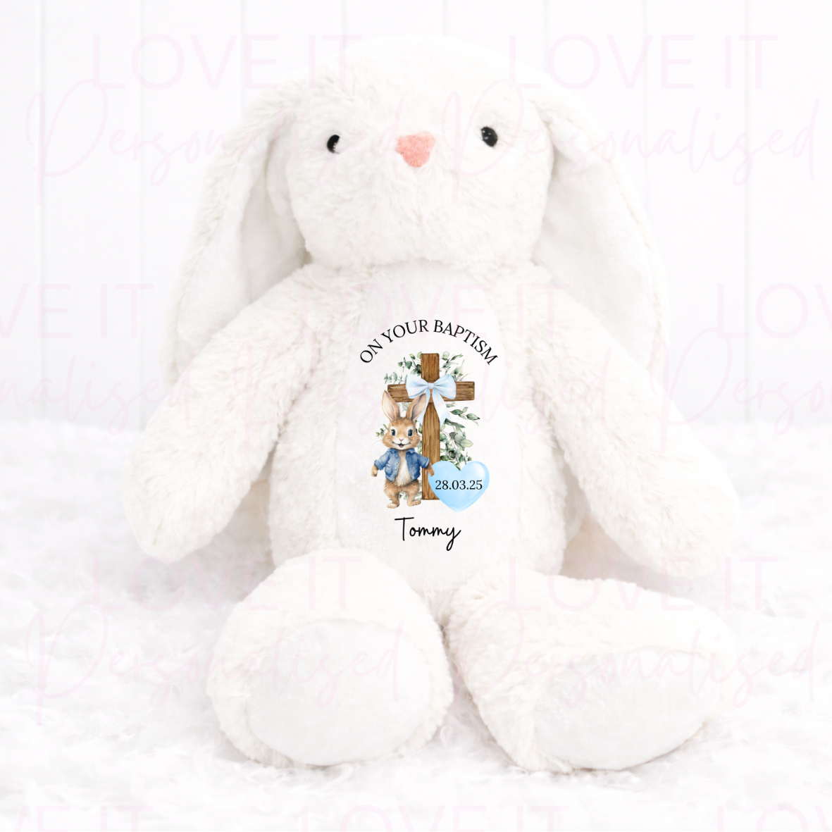 Personalised On Your Christening/Baptism Bunny Teddy - Pink/Blue/Brown/Grey/White