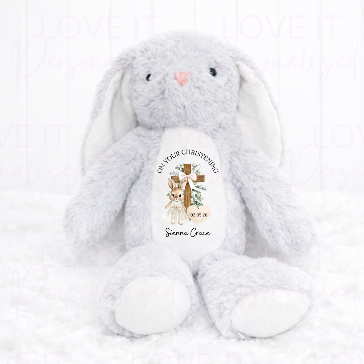 Personalised On Your Christening/Baptism Bunny Teddy - Pink/Blue/Brown/Grey/White