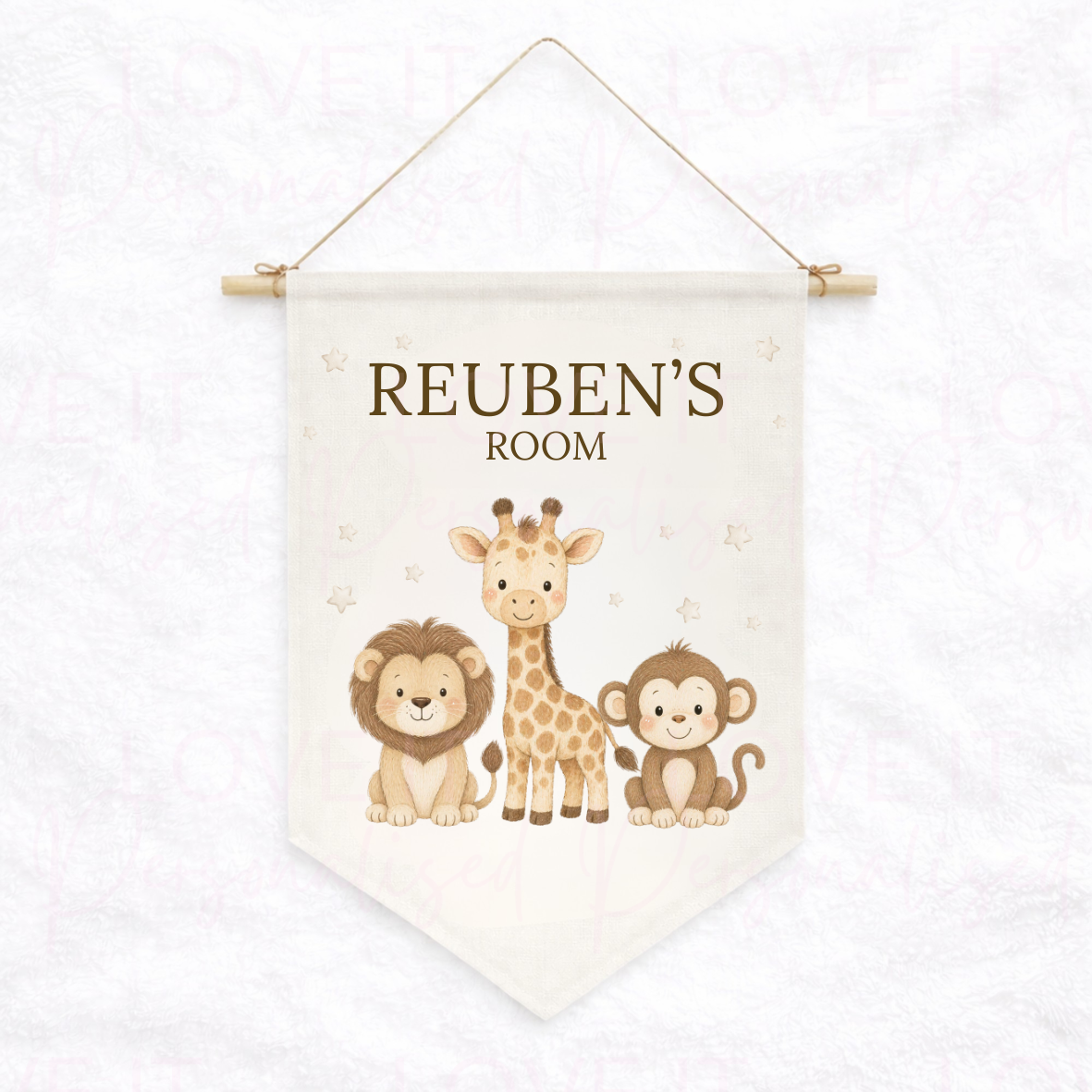 Personalised Safari Animal Nursery/Bedroom Decor Linen Hanging Flag Pennant
