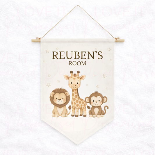 Personalised Safari Animal Nursery/Bedroom Decor Linen Hanging Flag Pennant