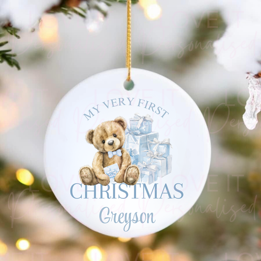 Personalised First Christmas Ceramic Ornament - Pink/Blue Bear Design