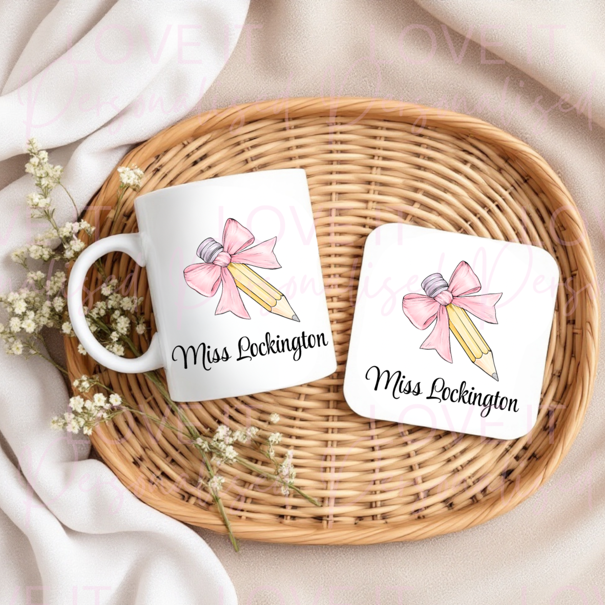 Personalised Pencil Bow Mug/Coaster