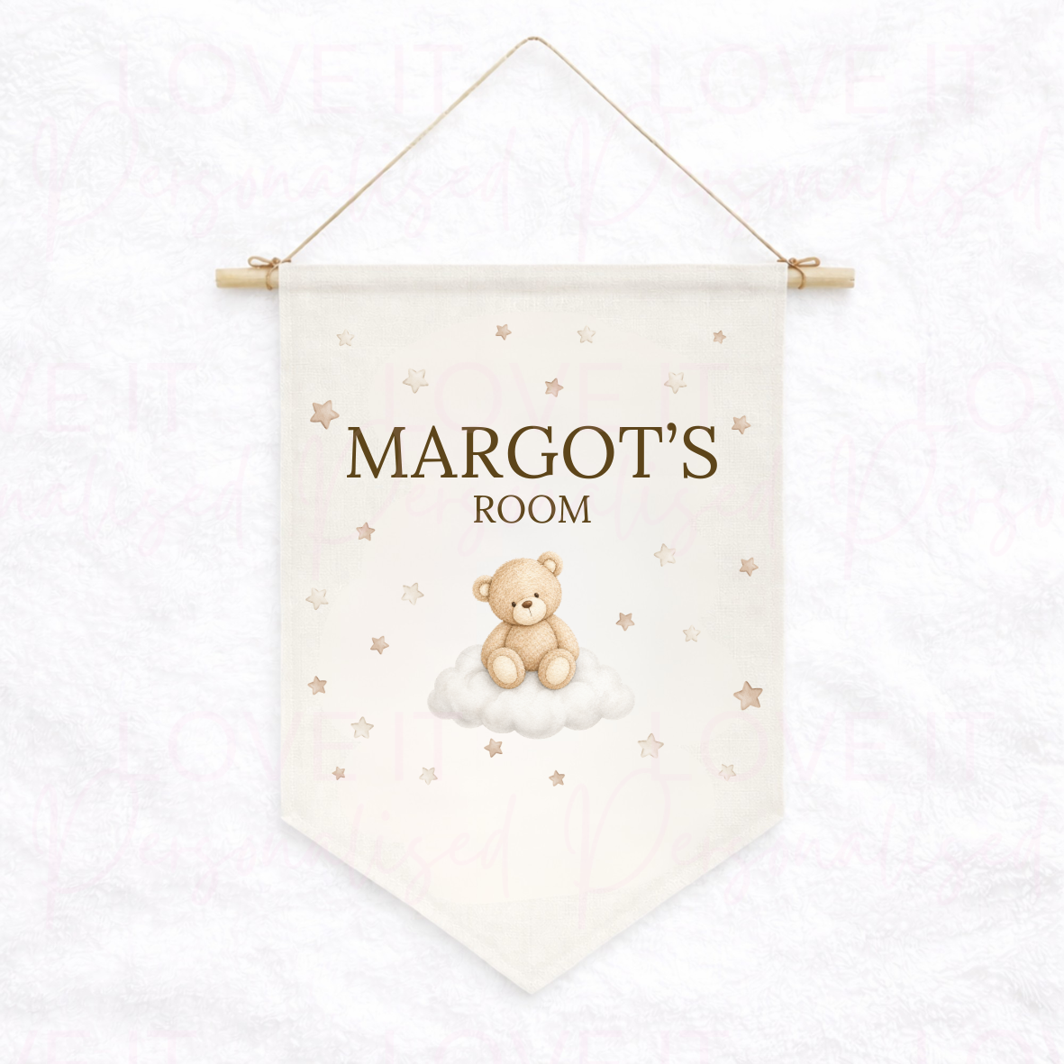 Personalised Bear Cloud Nursery/Bedroom Decor Linen Hanging Flag Pennant