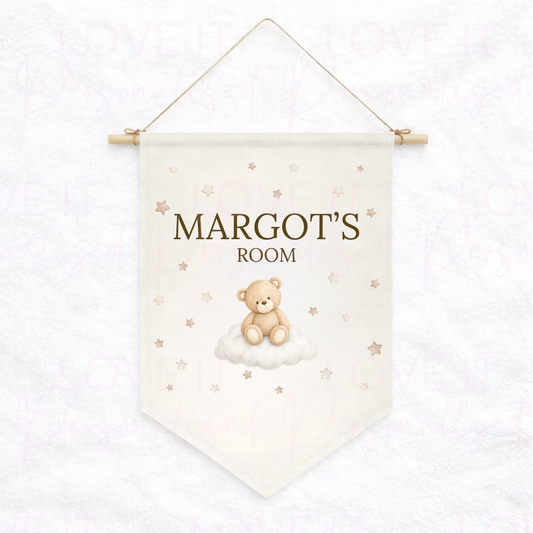 Personalised Bear Cloud Nursery/Bedroom Decor Linen Hanging Flag Pennant