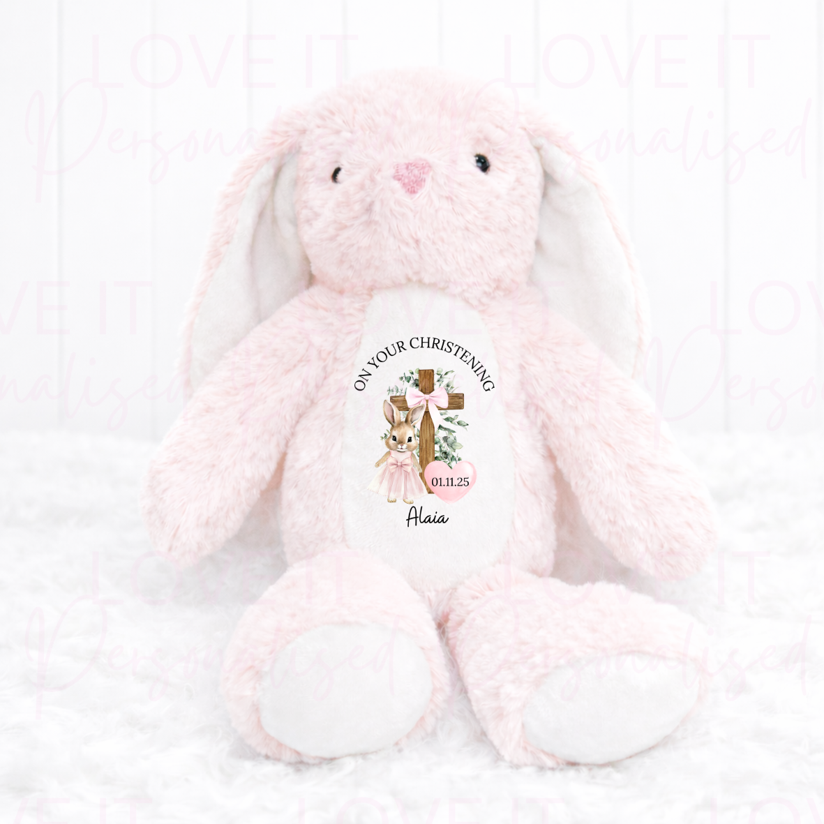 Personalised On Your Christening/Baptism Bunny Teddy - Pink/Blue/Brown/Grey/White