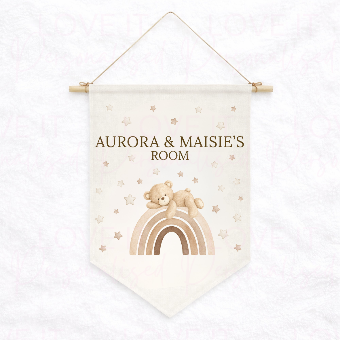 Personalised Neutral Rainbow Bear Nursery/Bedroom Decor Linen Hanging Flag Pennant