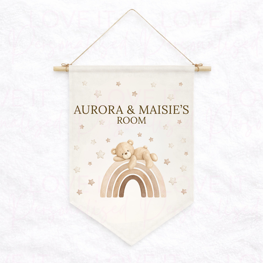 Personalised Neutral Rainbow Bear Nursery/Bedroom Decor Linen Hanging Flag Pennant