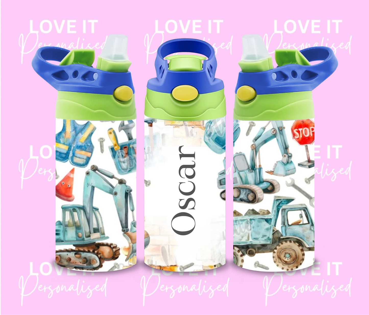 Personalised Digger Children’s Water Bottle (different lid colours)