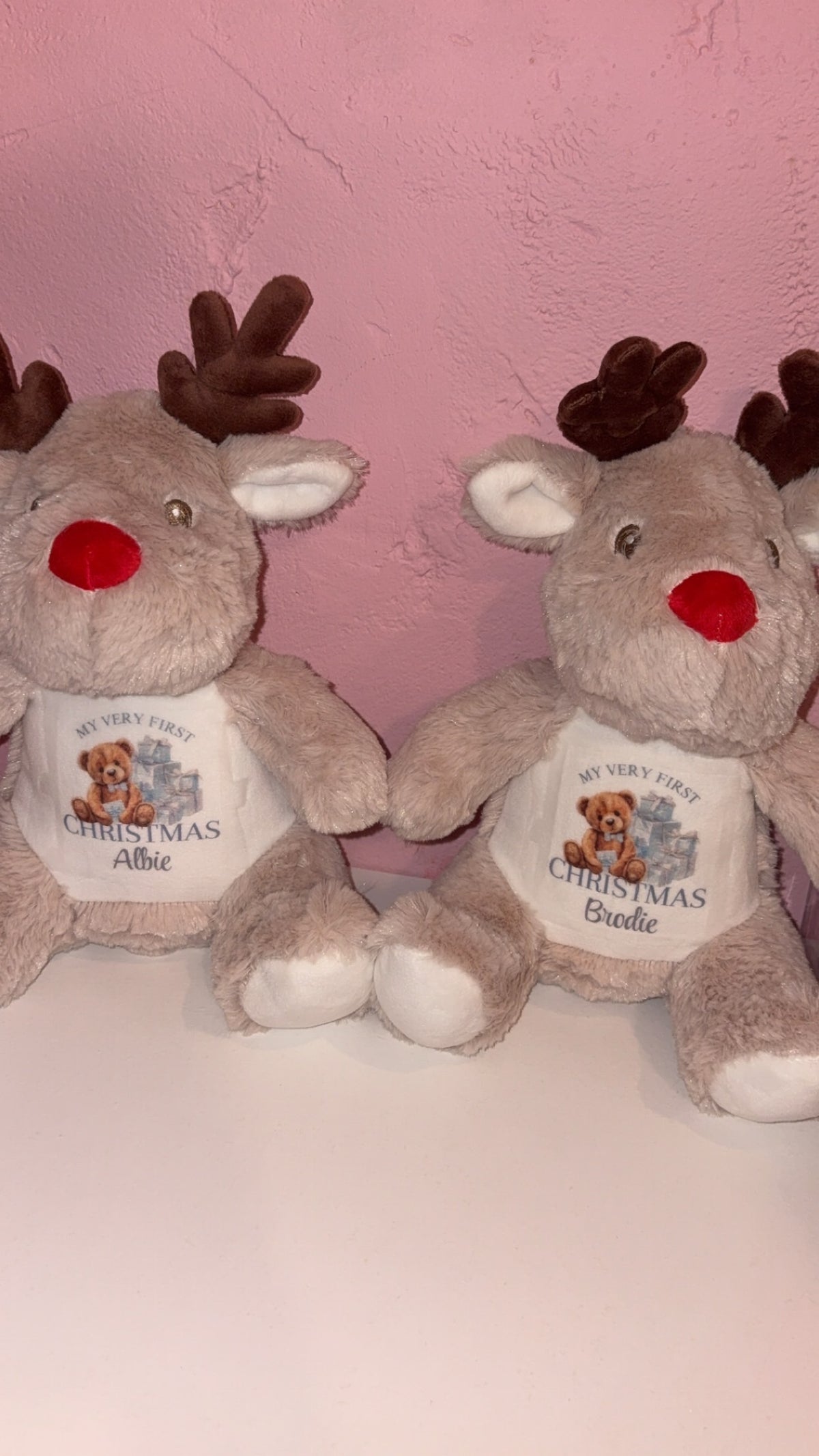 Personalised Reindeer Teddy - Pink/Blue Bear My Very First Christmas Design
