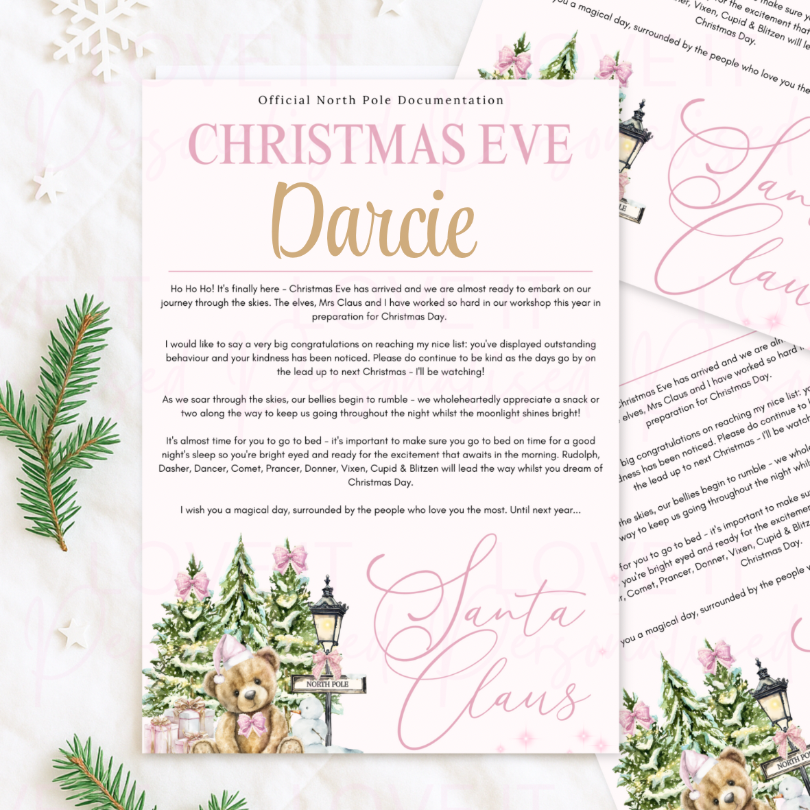 Personalised Christmas Eve Letter Pink/Blue Bear