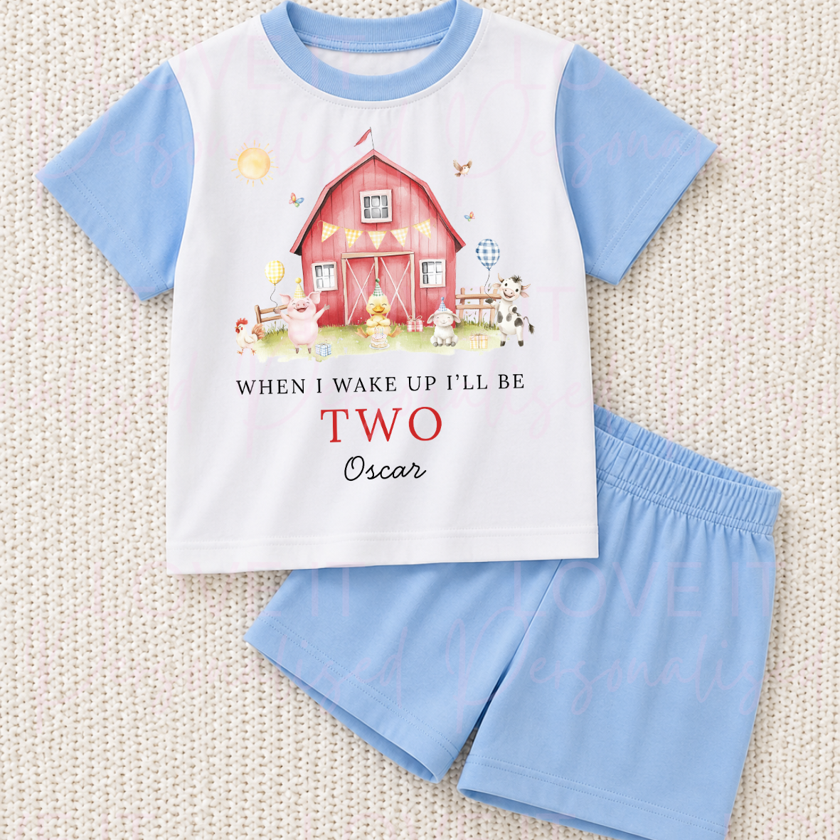 Personalised Farm Birthday Blue/Pink Short Pyjamas