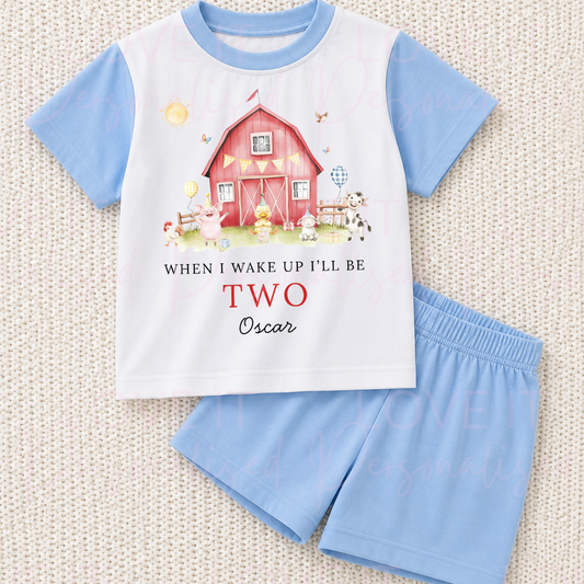 Personalised Farm Birthday Blue/Pink Short Pyjamas