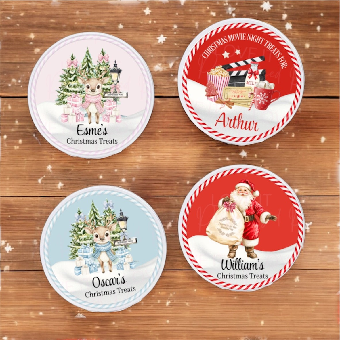 Personalised Christmas Treat/Snack Round Metal Tin/Storage - Gift Idea Boxes