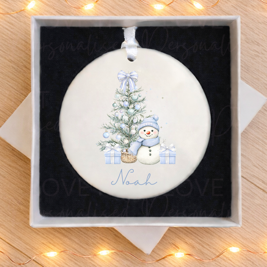 Personalised Pink/Blue Snowman Ceramic Ornament