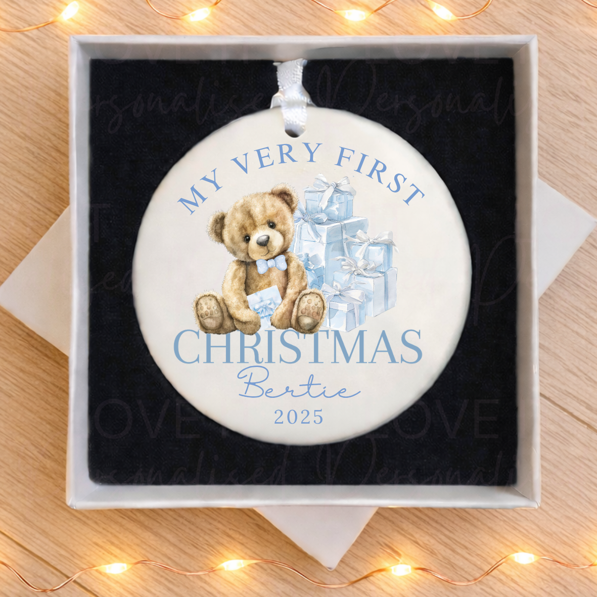 Personalised First Christmas Ceramic Ornament - Pink/Blue Bear Design