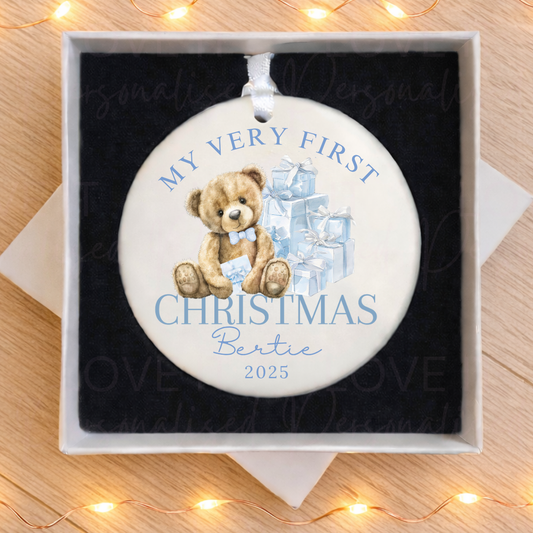 Personalised First Christmas Ceramic Ornament - Pink/Blue Bear Design