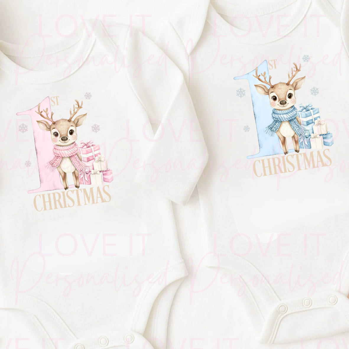 First Christmas Pink/Blue Reindeer Baby Bodysuit - Short/Long Sleeve