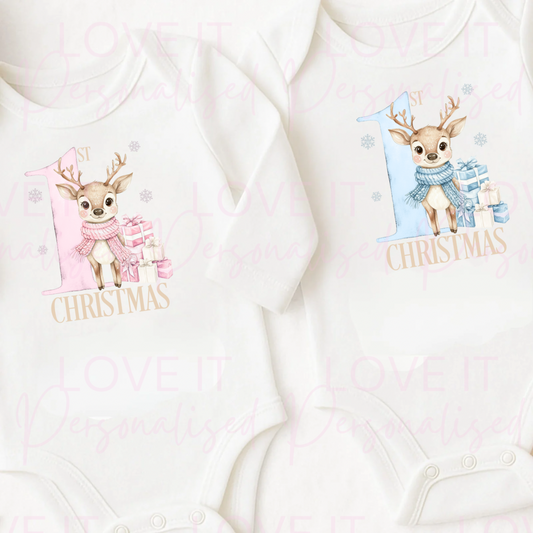 First Christmas Pink/Blue Reindeer Baby Bodysuit - Short/Long Sleeve