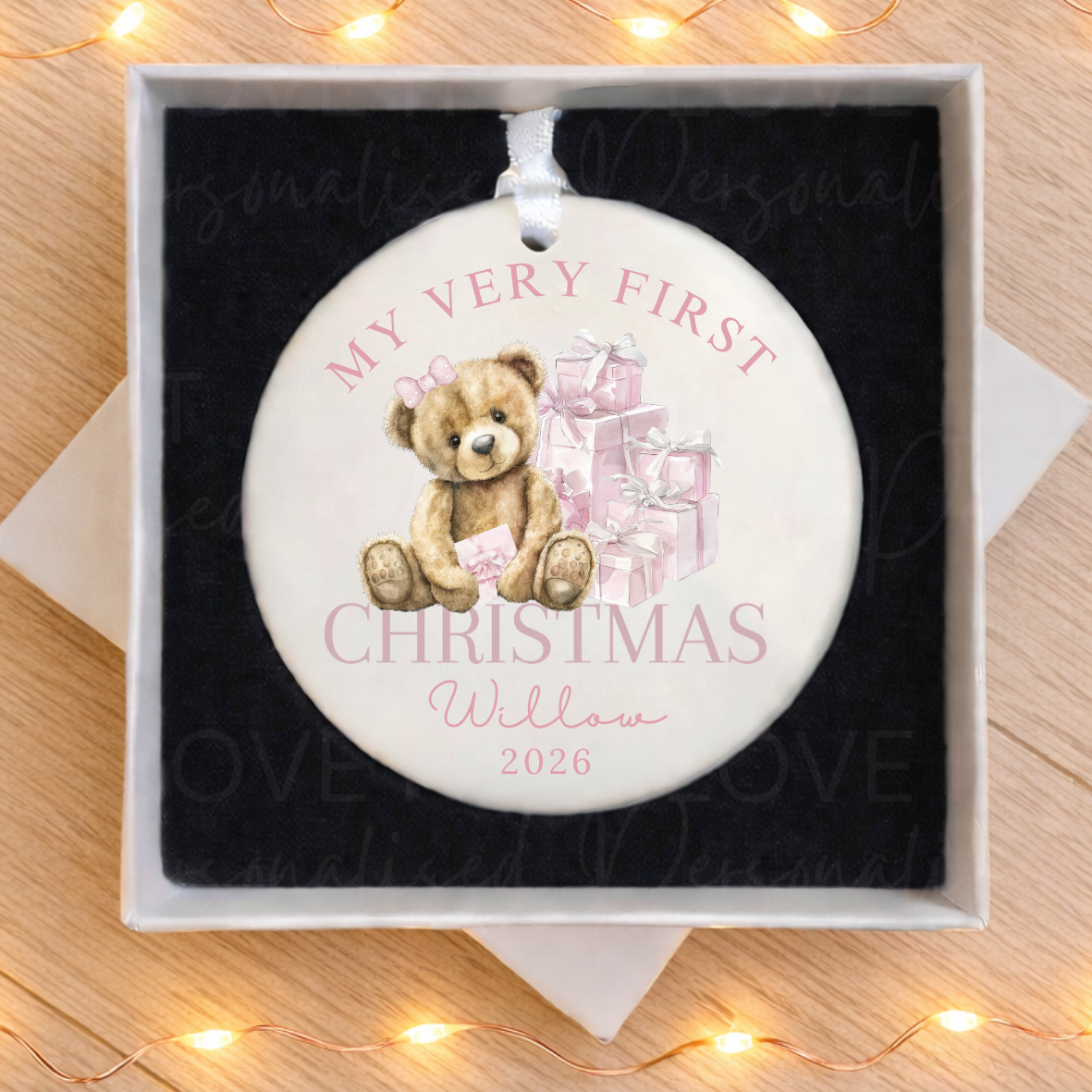 Personalised First Christmas Ceramic Ornament - Pink/Blue Bear Design