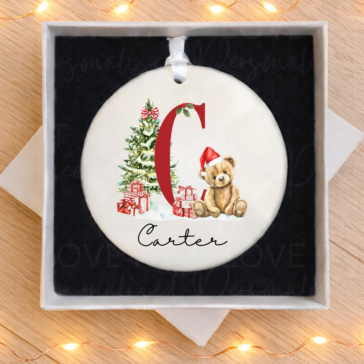Personalised Ceramic Christmas Ornament - Red Bear Initial Design