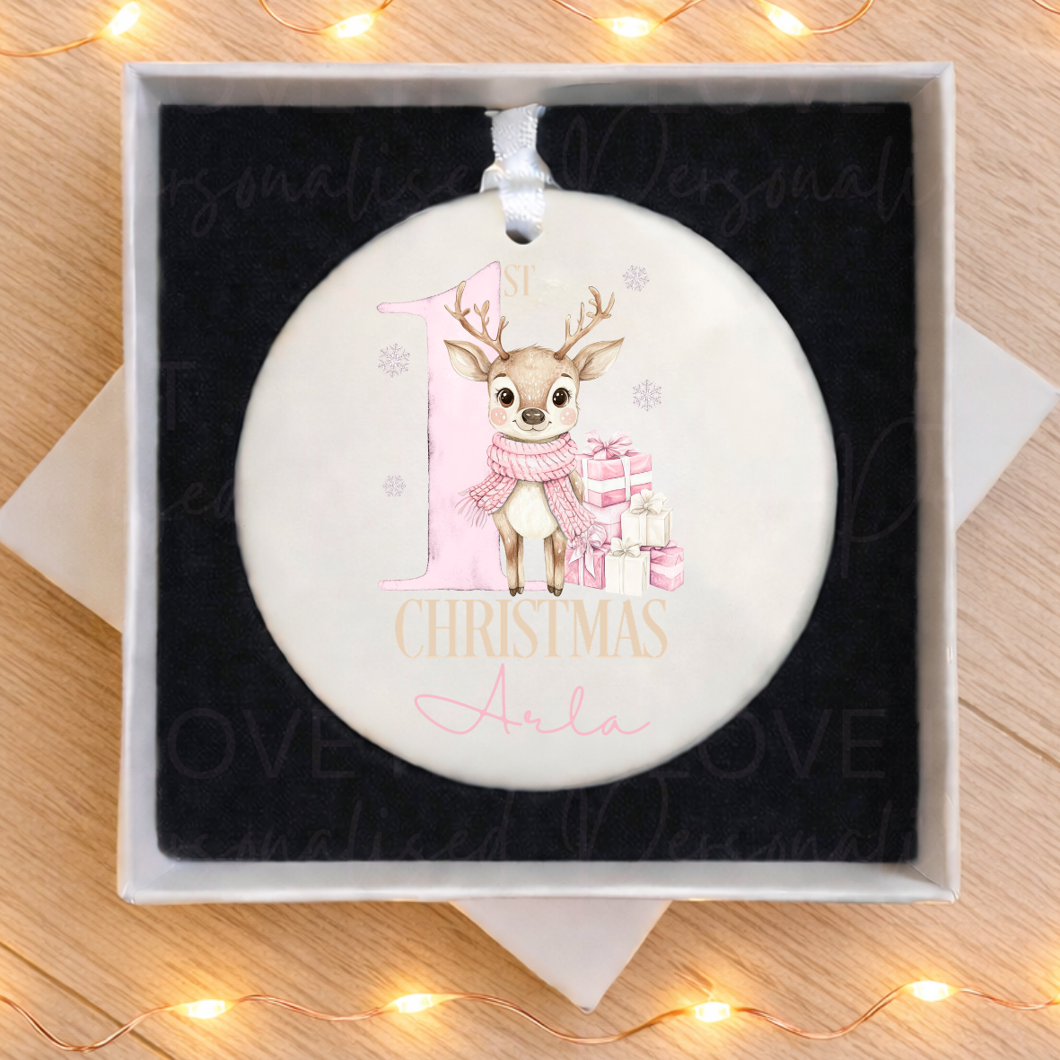Personalised First Christmas Ceramic Ornament - Pink/Blue Reindeer Design