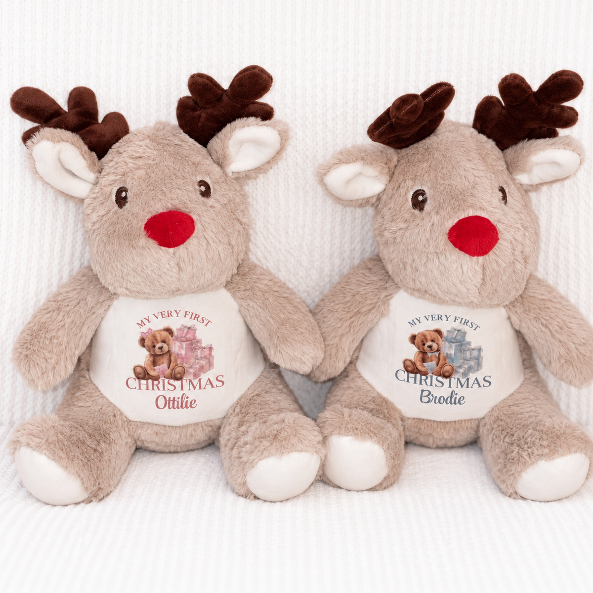 Personalised Reindeer Teddy - Pink/Blue Bear My Very First Christmas Design
