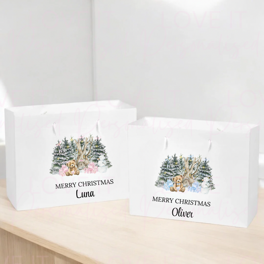 Personalised Christmas Gift Bag - Pink Or Blue Bear Design