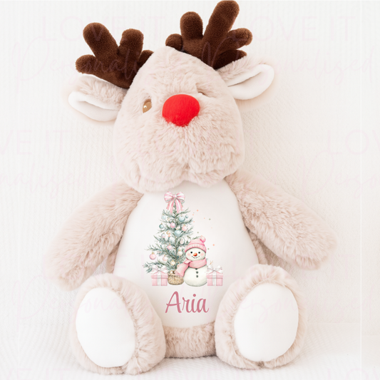 Personalised Christmas Reindeer Teddy - Pink/Blue Snowman Design