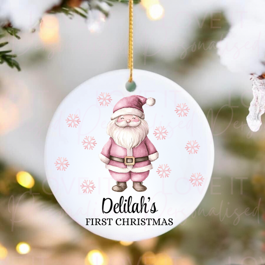 Personalised First Christmas Ceramic Ornament - Pink/Blue Santa Design