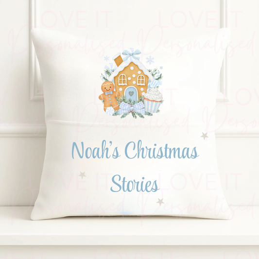 Personalised Christmas Pocket Cushion - Pink/Blue Gingerbread Housd Design