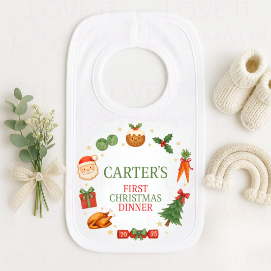 Personalised My First Christmas Dinner White Bib - Pink/Blue/Red
