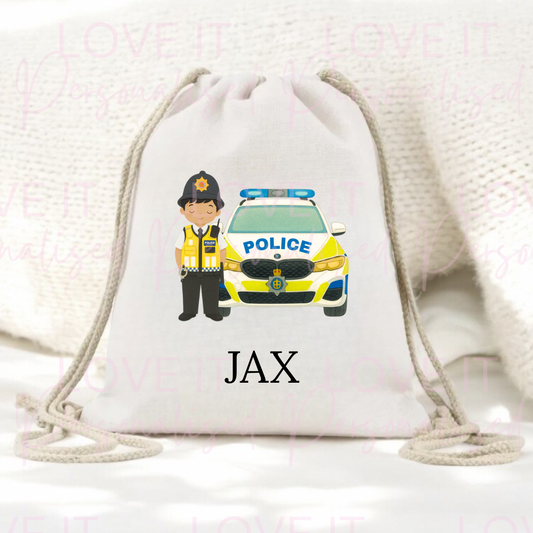 Personalised Policemen Children’s Drawstring Pe/Swim Bag - Changeable Hair Colour/Skin Tone