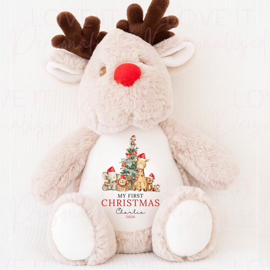 Personalised First Christmas Safari Animal Reindeer Teddy