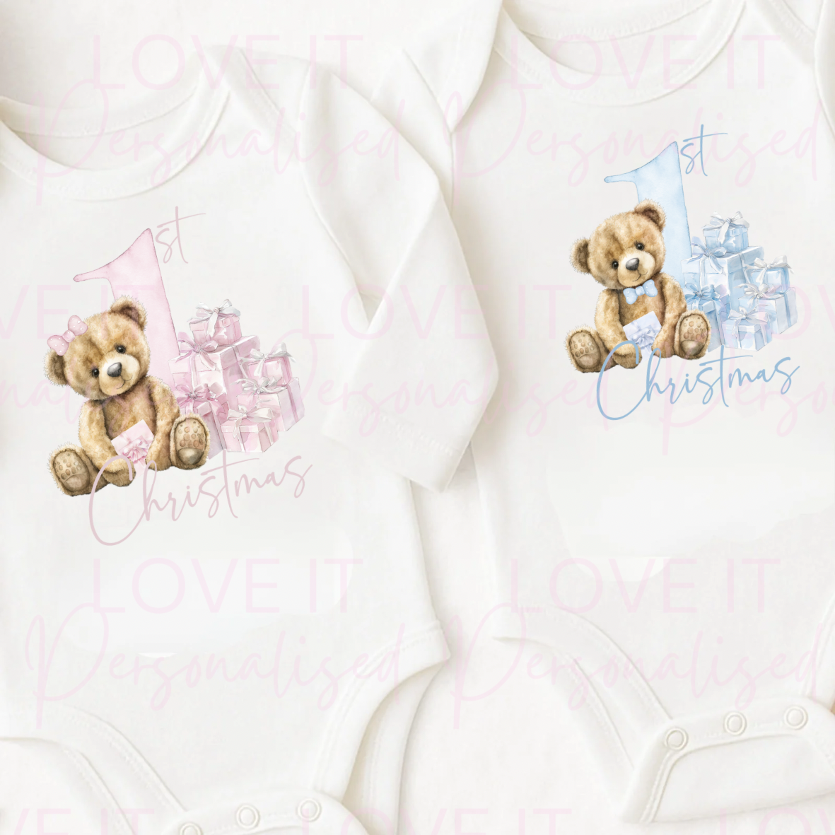 First Christmas Pink/Blue Bear Baby Bodysuit - Short/Long Sleeve