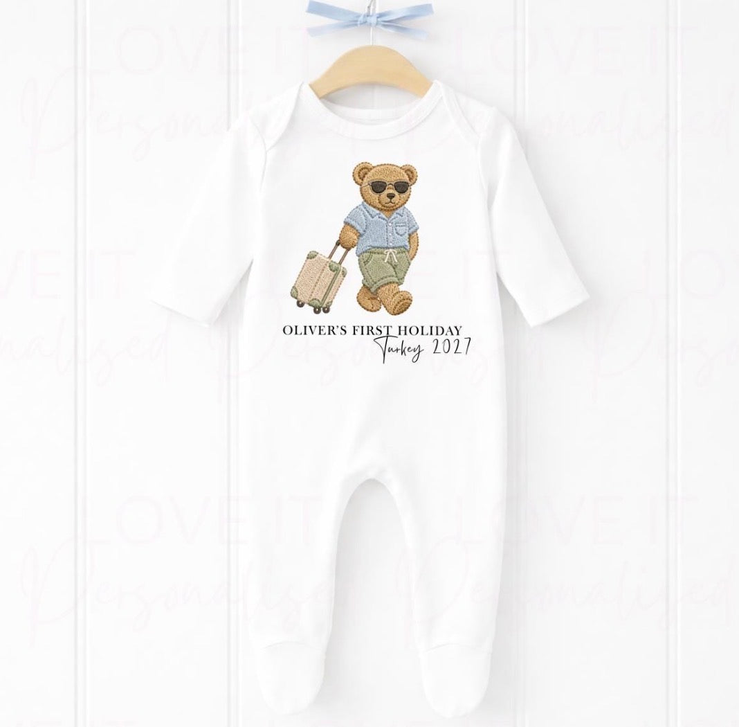 Personalised First Holiday Bear Bib/Bodysuit/Sleepsuit
