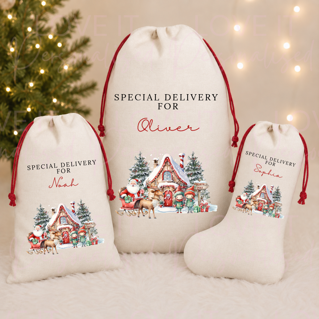 Personalised Santa Christmas Linen Stocking/Sack