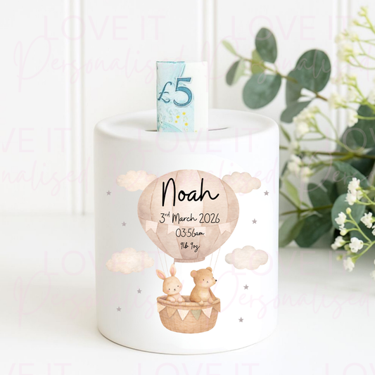 Personalised Hot Air Balloon Bear Money Box - Pink/Blue/Neutral/Grey
