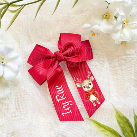 Personalised Christmas Hair Bow - Pink/Red Reindeer