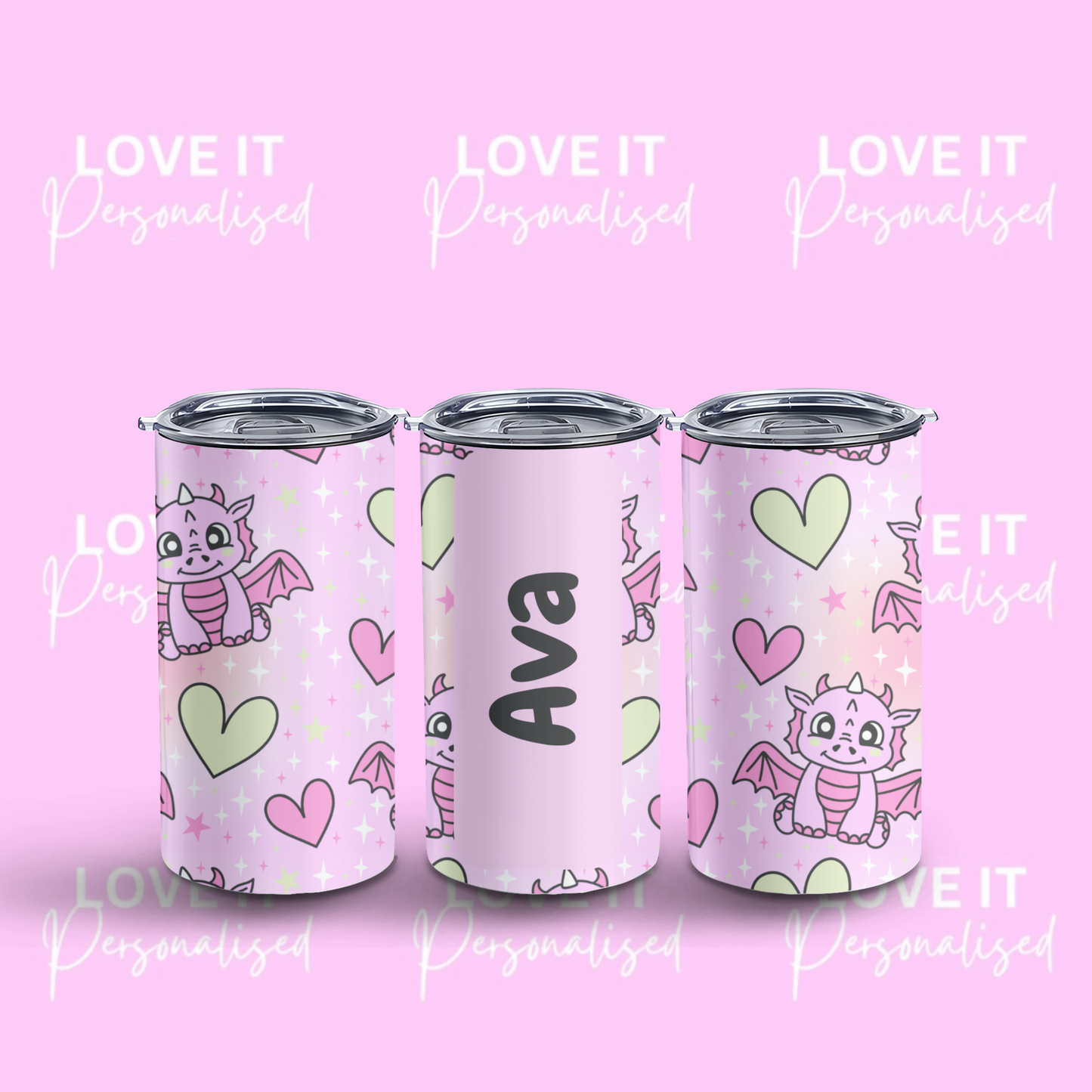 Personalised Pink Dragon & Heart 12oz Tumbler