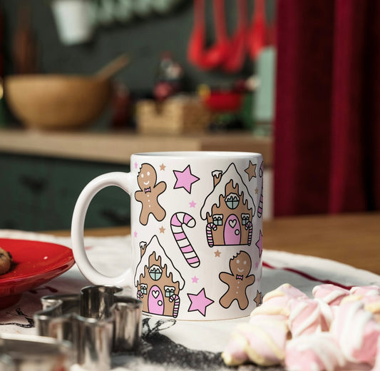 Christmas Mug - Pink Gingerbread House Design