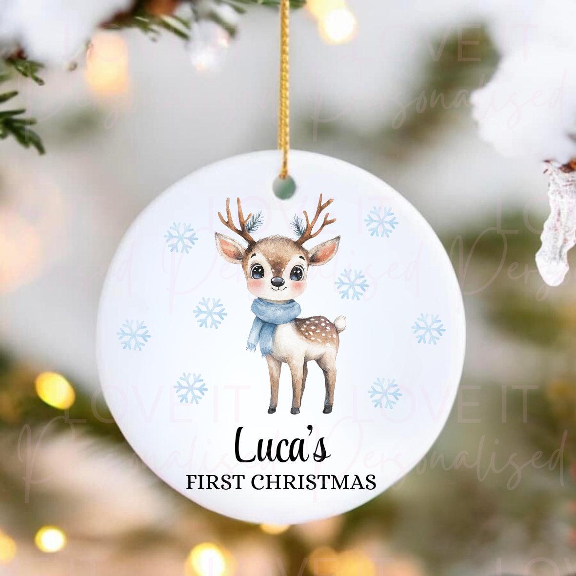 Personalised First Christmas Ceramic Ornament - Pink/Blue Baby Reindeer Design