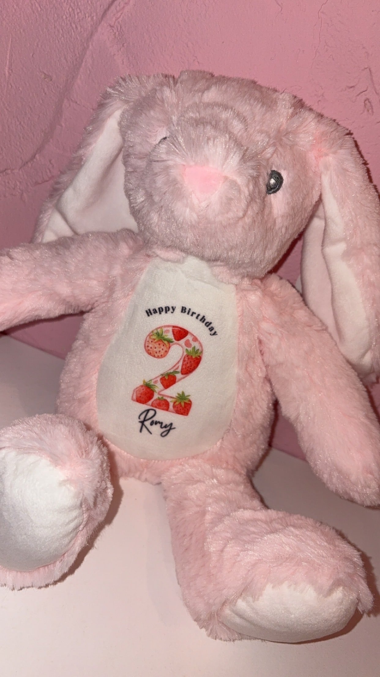 Personalised Strawberry Birthday Bunny Teddy - 1/2/3 Birthday Gift