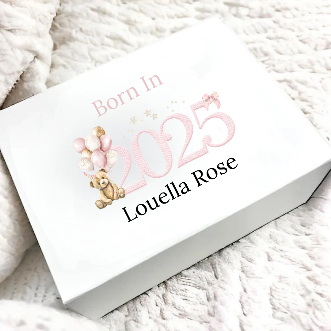 Personalised Born In 2025 Pink Bear Magnetic Gift/Memory Box