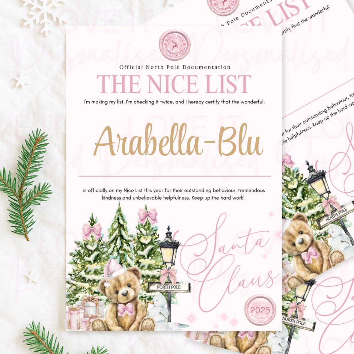 Personalised Nice List Red/Pink/Blue Bear Certificate