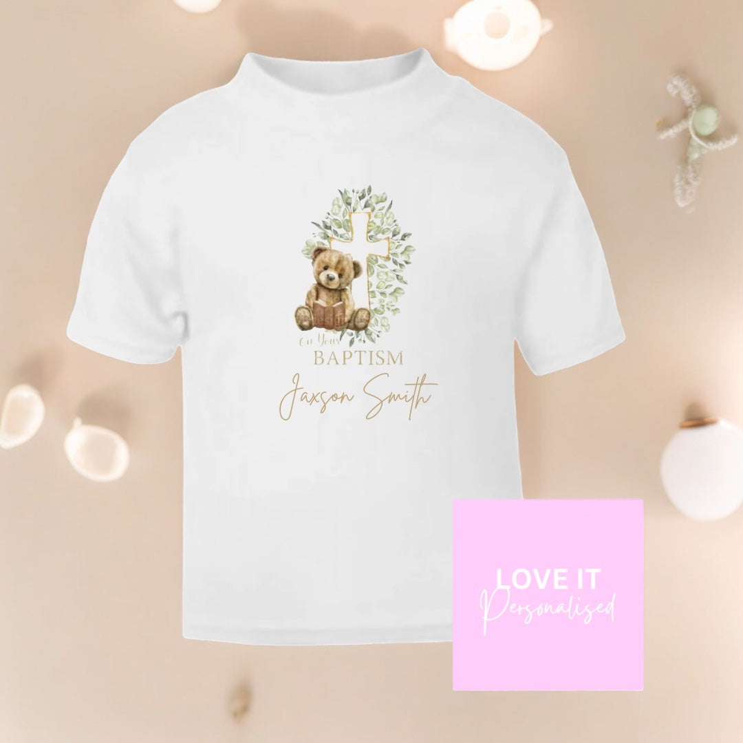 Personalised Baptism T-Shirt - Bear Cross Design