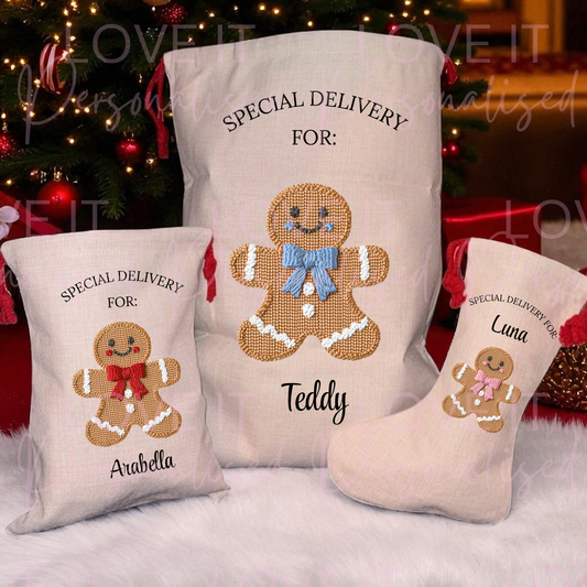 Personalised Christmas Gingerbread Design Stocking/Sack