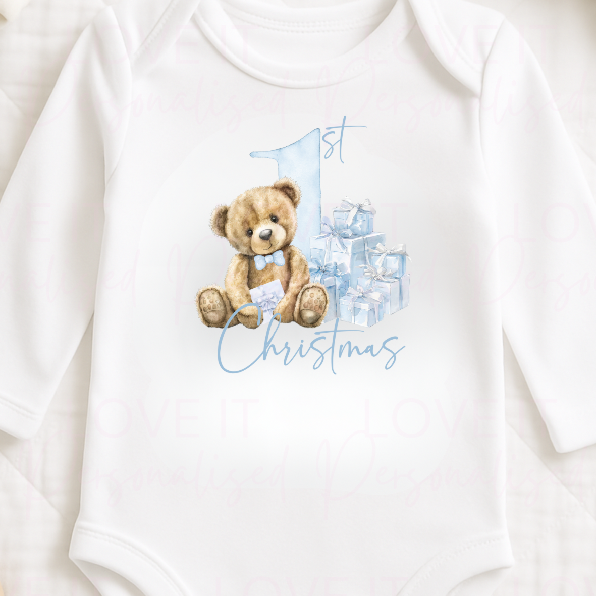 First Christmas Pink/Blue Bear Baby Bodysuit - Short/Long Sleeve