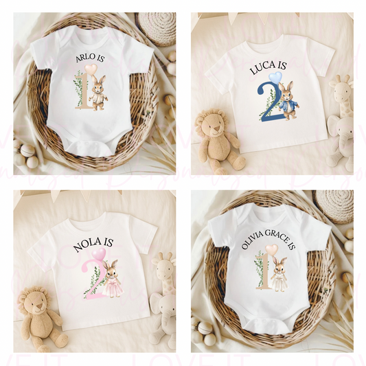 Personalised Birthday Outfit Baby Bodysuit/ Children's T-shirt Pink/Blue/Beige Rabbit